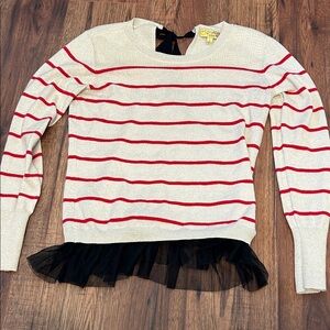 Vera Wang Red and Cream Striped Sweater with Black Tulle Hem